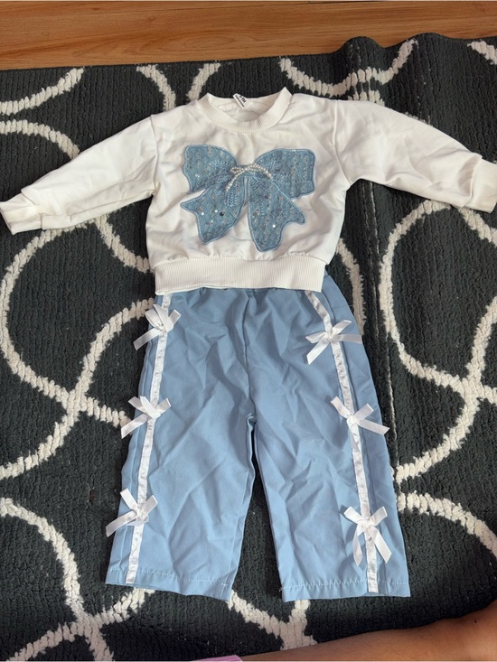 Other - White Long Sleeve Top with Blue Sequin Bow - Two-Piece Look